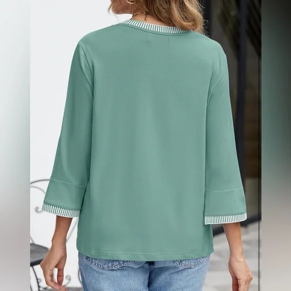 Green Relaxed Blouse with White Trim - Picture 2 of 3
